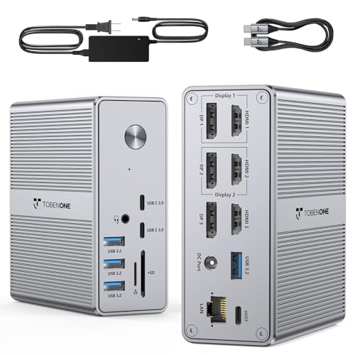 TobenONE DisplayLink Docking Station Triple Monitor with 120W Power Adapter, Triple 4K Display for MacBook Pro/Air, Thunderbolt 4/3, USB-C Windows(3X HDMI, 3X DisplayPort, 2xUSB-C, 4xUSB 3.2, SD/TF)