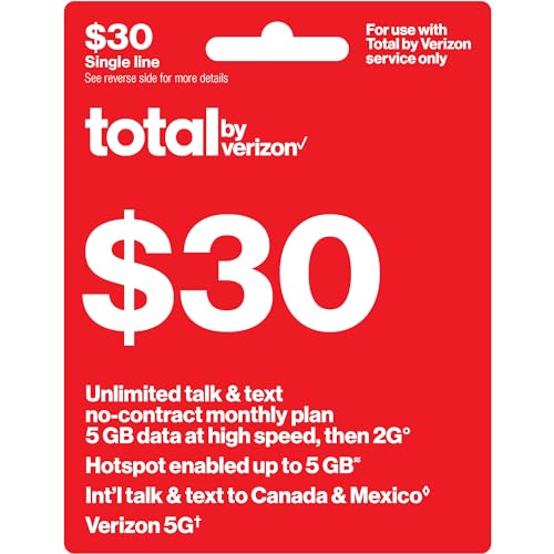 Total by Verizon $30 - Unlimited Talk and Text, 5G Data and HS/Monthly