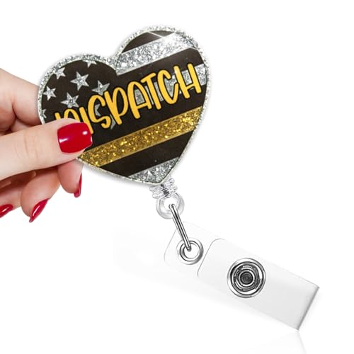 TOUNER Dispatch Funny USA Flag Badge Reel with Silver Glitter, Retractable ID Clip Holder for First Responders Emergency Room Employees, Dispatcher Life Nurse Day Gift for 911 Dispatchers Call Takers