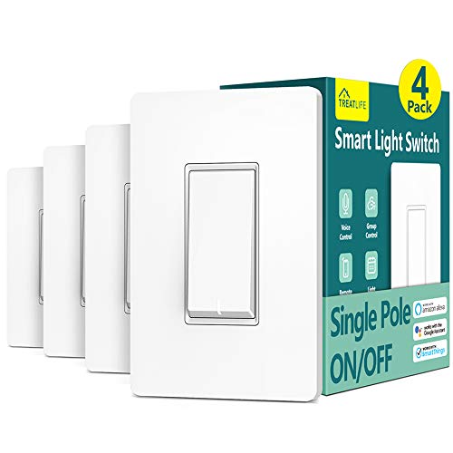 TREATLIFE Smart Light Switch Single Pole Smart Switch Works with Alexa, Google Home and SmartThings, 2.4GHz Wi-Fi Timer Light Switch, Neutral Wire Required, No Hub Required, FCC Listed, 4 Pack