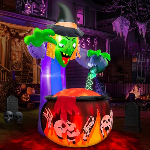 TURNMEON 5 Ft Halloween Inflatable Witch with Cauldron and Green LED String Light, Halloween Decorations Outdoor Blow Up Witch Pot with Build-in LEDs Halloween Yard Decor for Indoor Party Garden Lawn