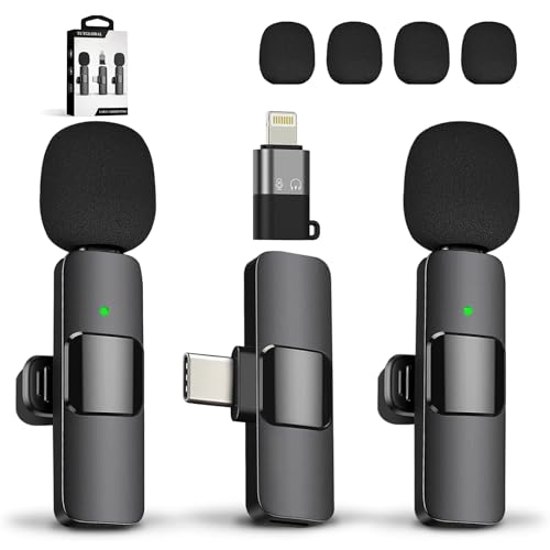 TUTGLOBAL USB C Mini Microphone for iPhone 15 16,iOS and Android Devices,2 Pack Wireless Lavalier Microphones + 4 Extra Windscreens,Lapel Clip on Mics,Noise Cancelling Mic for Podcast/Record/etc
