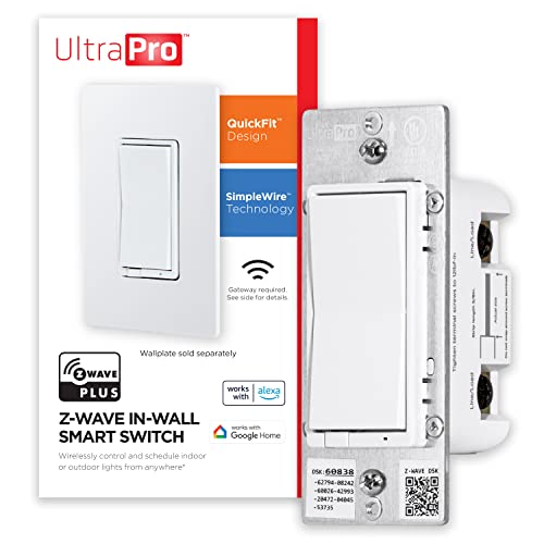 UltraPro 700 Series Z-Wave In-Wall Smart Light Switch with QuickFit™ and SimpleWire™, White Paddle, Works with Google Assistant, Alexa, & SmartThings, Z-Wave Hub Required, Smart Home, 59347