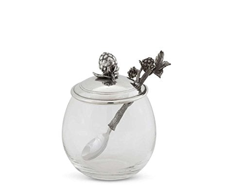 Vagabond House Pewter Blackberry Raspberry Jam Jar Pot with Spoon 5 inch Tall 12 oz