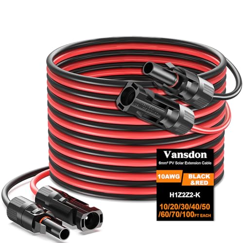 Vansdon 2x30 Feet Solar Panel Extension Cable, 10AWG Solar Cable, Solar Panel Cable with Female and Male Waterproof Connectors for RV, Photovoltaic Systems (30FT Red + 30FT Black)