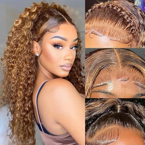 VELOMA 4/27 Highlight Lace Closure Wig Human Hair 5x5 Hd Lace Closure Wigs Human Hair For Women 180% Density Wet And Wavy Lace Front Wig Human Hair Pre Plucked Honey Blonde Color 22 Inch