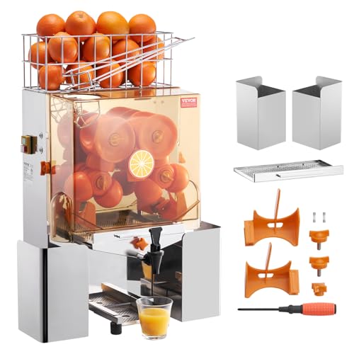 VEVOR Commercial Orange Juicer Machine, 120W Automatic Juice Extractor with Water Tap, Stainless Steel Orange Squeezer 20 Oranges/Minute, with Pull-Out Filter Box, PC Cover, 2 Peel Collecting Buckets