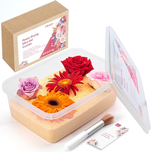 Viktairy Silica Gel Flower Drying Crystals 5LBS, Reusable Color Indicating Flower Drying Silica with Airtight Container and Brush, DIY Wedding Bouquet Flower Preservation Kit, Fine Bead Size<1mm
