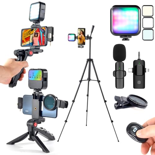 Vlogging Kit for iPhone,YouTube Starter Kit,Phone Holder for Video Recording Vlogging Camera Kit with Double Tripod/RGB Light/Wireless Microphone/CPL ens/Remote control