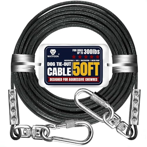 WATFOON 50Ft Dog Tie Out Cable, Training Leads Dog Run Leash for Yard, Reflective Heavy Duty Dog Runner Cable for Dogs Up to 300 Pounds, 1000lbs Break Strength Camping Steel Wire Dog Chain
