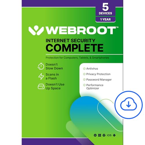 Webroot Internet Security Complete | Antivirus Software 2024 | 5 Device | 1 Year Download for PC/Mac/Chromebook/Android/IOS + Password Manager, Performance Optimizer and Cloud Backup