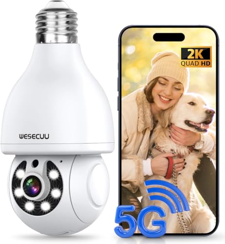 WESECUU Light Bulb Security Camera, 2.4G/5G WiFi Security Cameras Wireless Outdoor Indoor for Home Security, 2-Way Talk, Human Detection, Color Night Vision, Compatible with Alexa