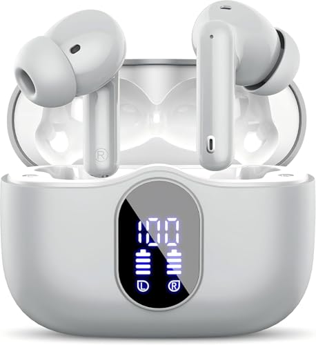 Wireless Earbuds Bluetooth 5.3 Headphones Bass Stereo Ear Buds with Noise Cancelling Mic LED Display in Ear Earphones IP7 Waterproof 36H Playtime for Laptop Pad Phones Sports Workout Grey
