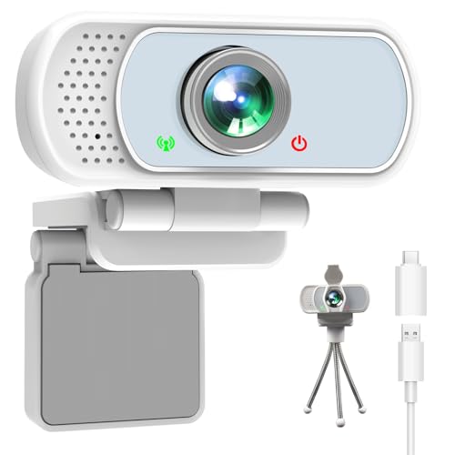 XPCAM 1080P Webcam with Mic, Pro Streaming Web Camera with Privacy Cover and Stand, Widescreen USB Computer Camera for PC Mac Laptop Desktop, USB C to USB Adapter Included White(New Upgraded)
