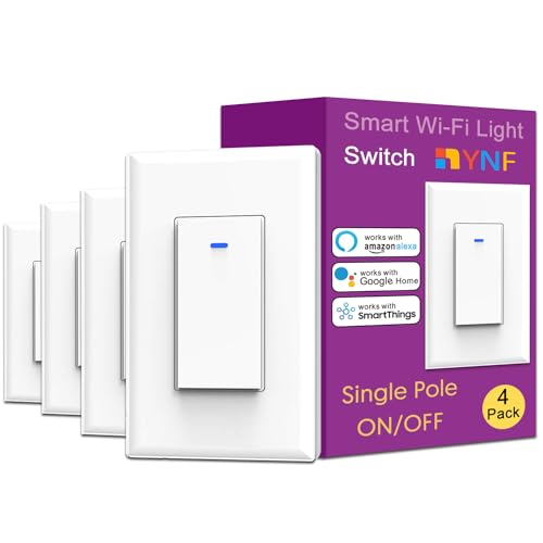 YNF Smart Light Switch, Single Pole, Needs Neutral Wire, 2.4GHz Wi-Fi Light Switch Compatible with Alexa and Google Home, Voice Control and Timer (4 Pack)