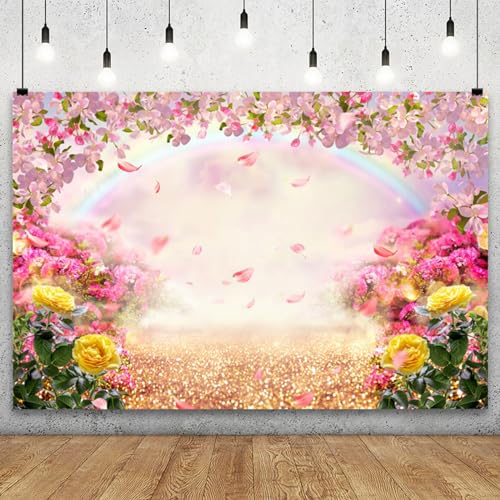 YongFoto 9x6ft Spring Floral Backdrop Pink Yellow Flowers Petal Rainbow Wonderland Dreamy Photography Background Baby Shower Girl Princess Birthday Party Kids Adults Portrait Photo Studio Props