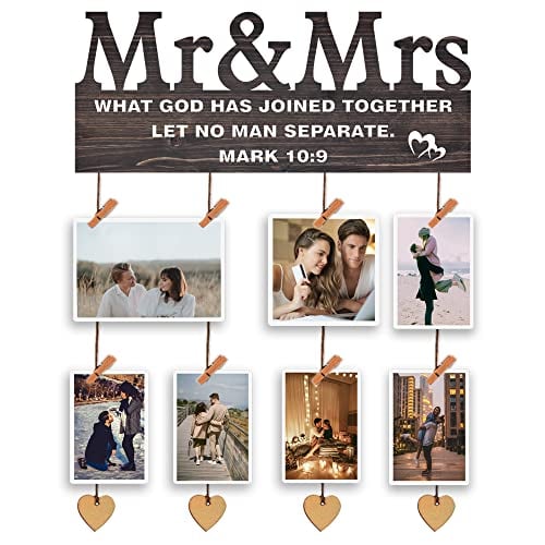 Yudarte Mr & Mrs Bedroom Decor for Couples - Wall Picture Hanging Collage Board with Clips and Twine 13.5x5.5 Inches - Religious Marriage Gifts for Couple - What God Has Joined Together Mark 10:9