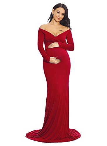ZIUMUDY Maternity Off Shoulder Photo Shoot Photography Dress Solid Color Baby Shower Dress(Large, Burgundy)