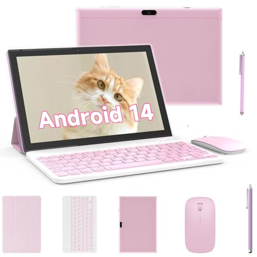 ZZB Tablet 2 in 1 Tablets 10 inch Android 12 Tablet Set with Keyboard Case Mouse Stylus Film, 4GB+64GB Tablets 10.1" Tab 1280 * 800 HD Touch Screen, 8MP Dual Camera Games Wi-Fi BT Tableta PC (Pink)